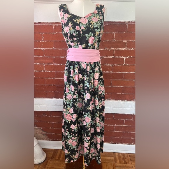 Vintage Lanz 80’s Black and Pink Floral Midi Dress Sleeveless Cottagecore - Picture 1 of 16